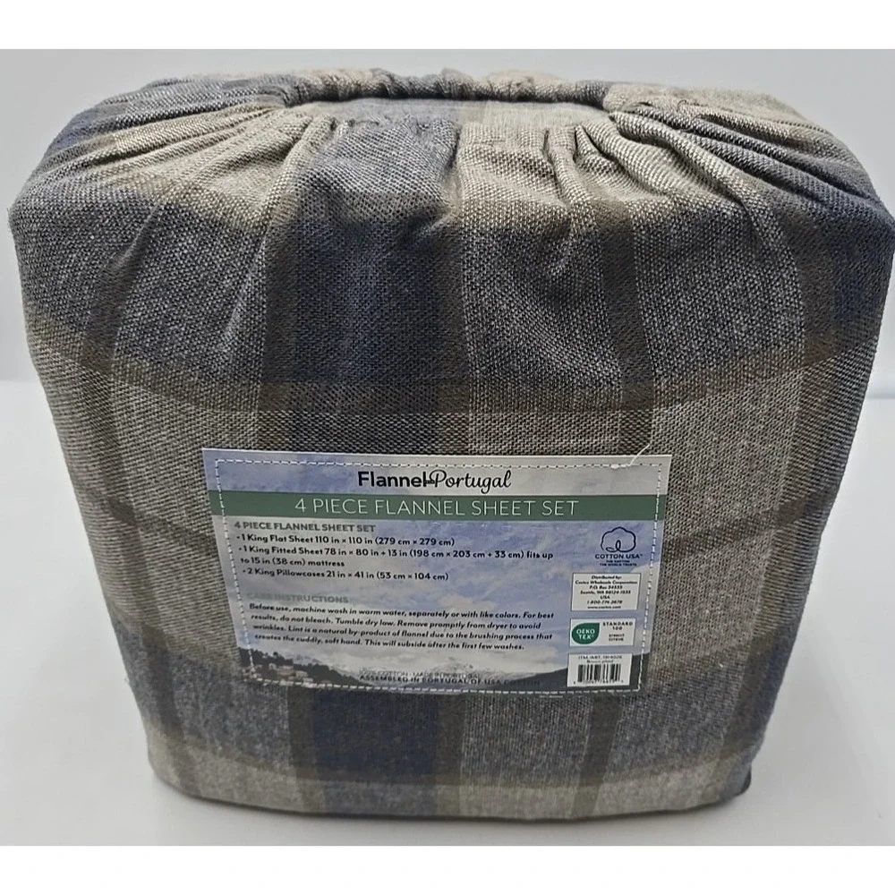 Flannel From Portugal Winter Check Flannel Sheet Set 4 Piece King‎ 100% Cotton